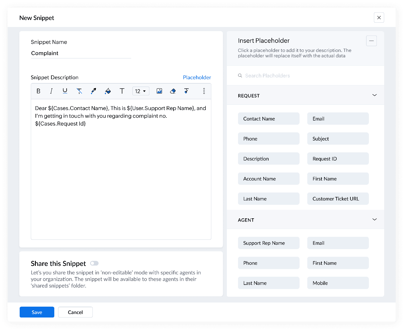 Respond faster using snippets in tickets and now in comments