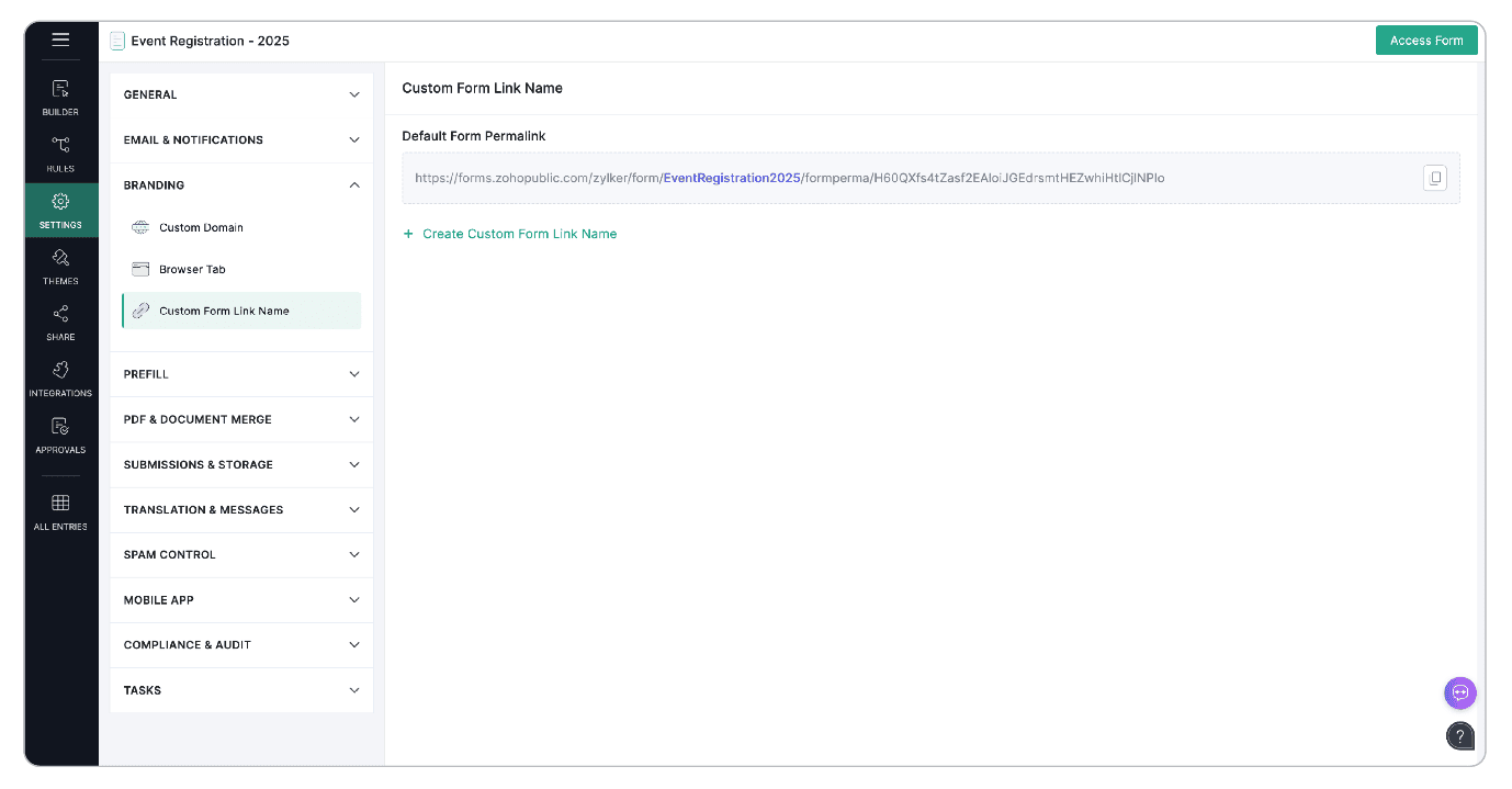 Custom form link name Zoho Forms
